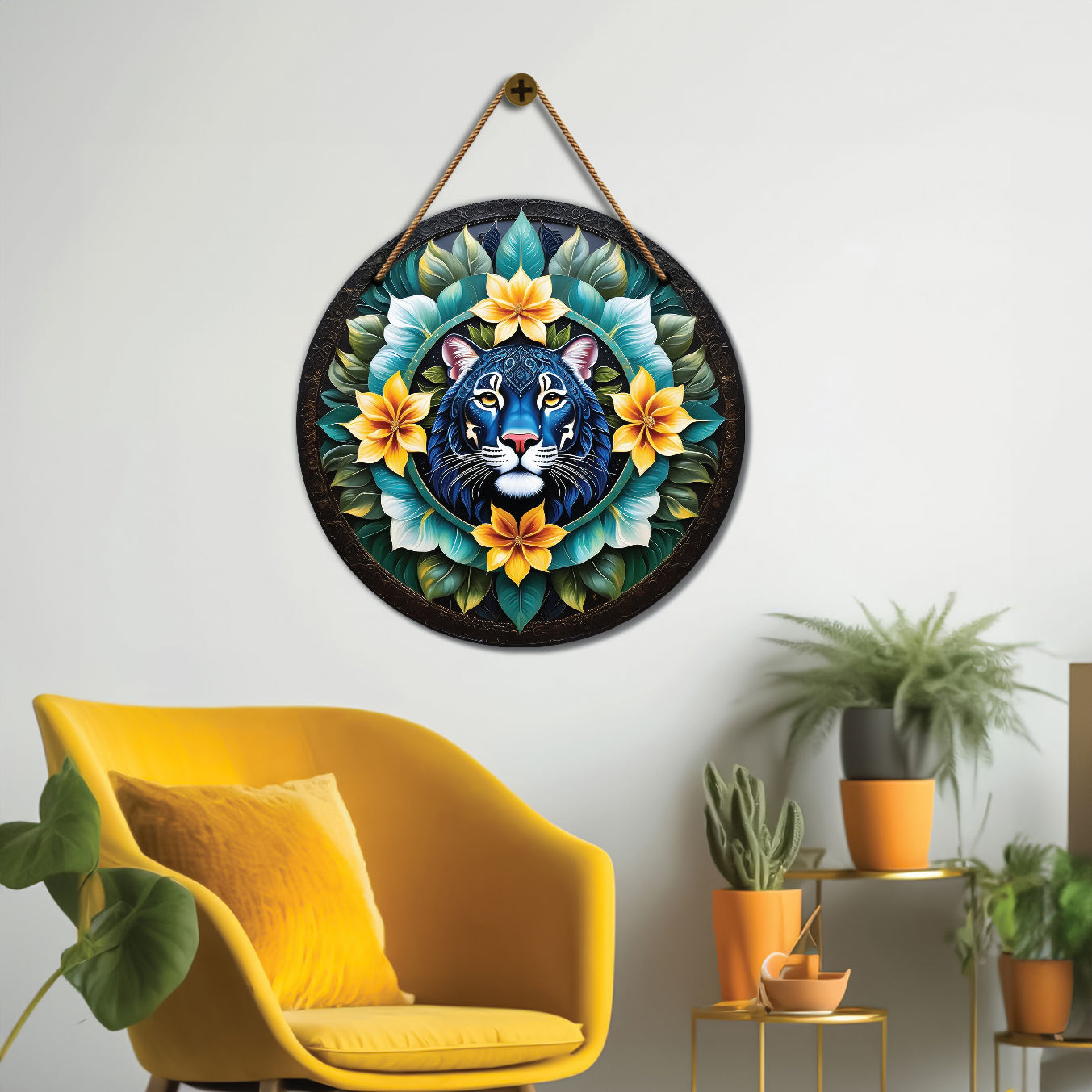 Tiger in green and floral mandala Round Wooden Wall Hanging for wall Décor - Design - 146