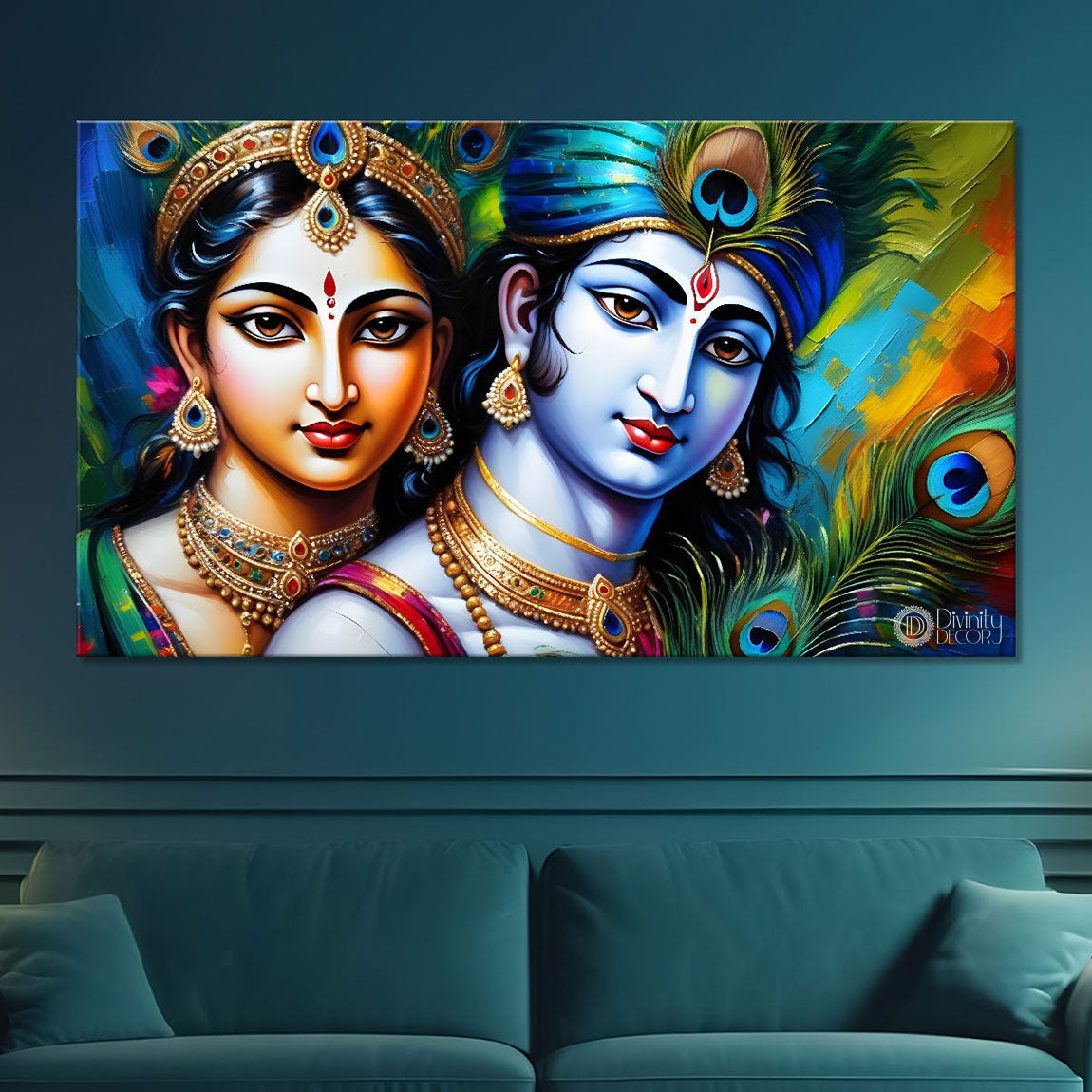 Blue face of Krishna and Radha with blue background painting Canvas Painting - Design - Krishna-147