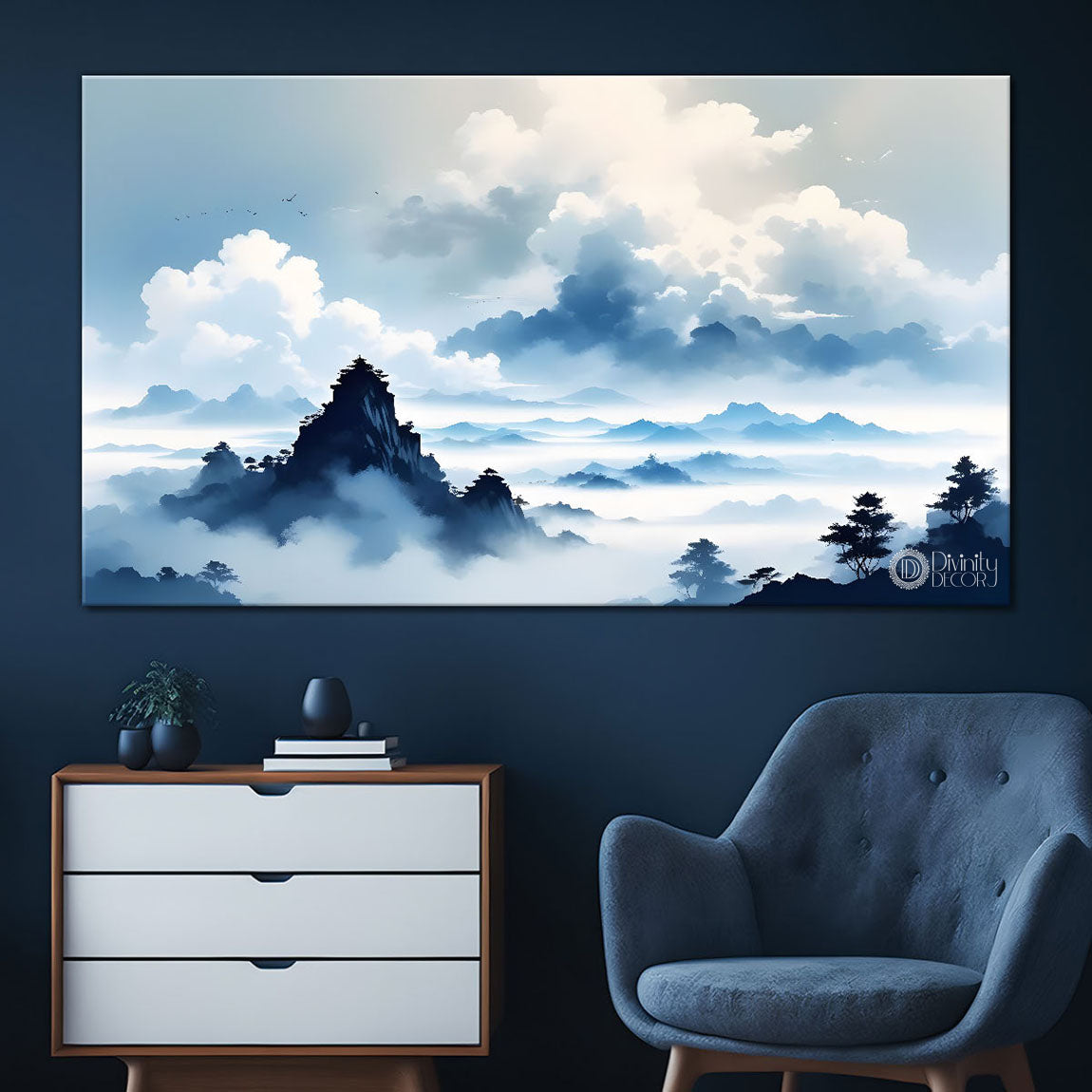 Mountains with clouds in textured painting Canvas Painting - Nature Art -147