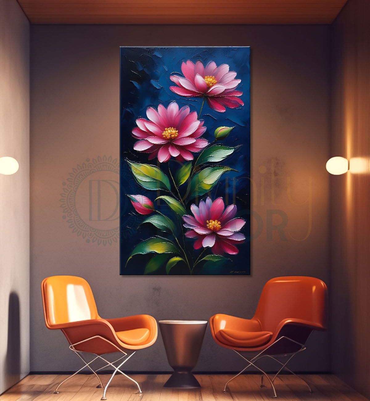 Pink flowers in navy blue textured background painting- Flower-V-147