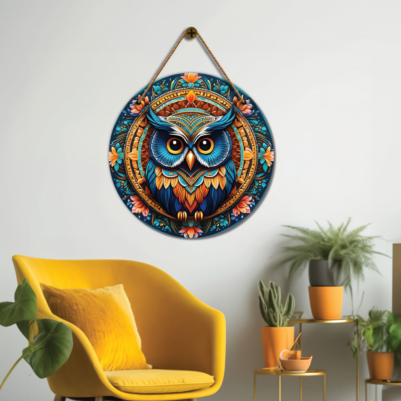 Owl in green and orange mandala Round Wooden Wall Hanging for wall Décor - Design - 147