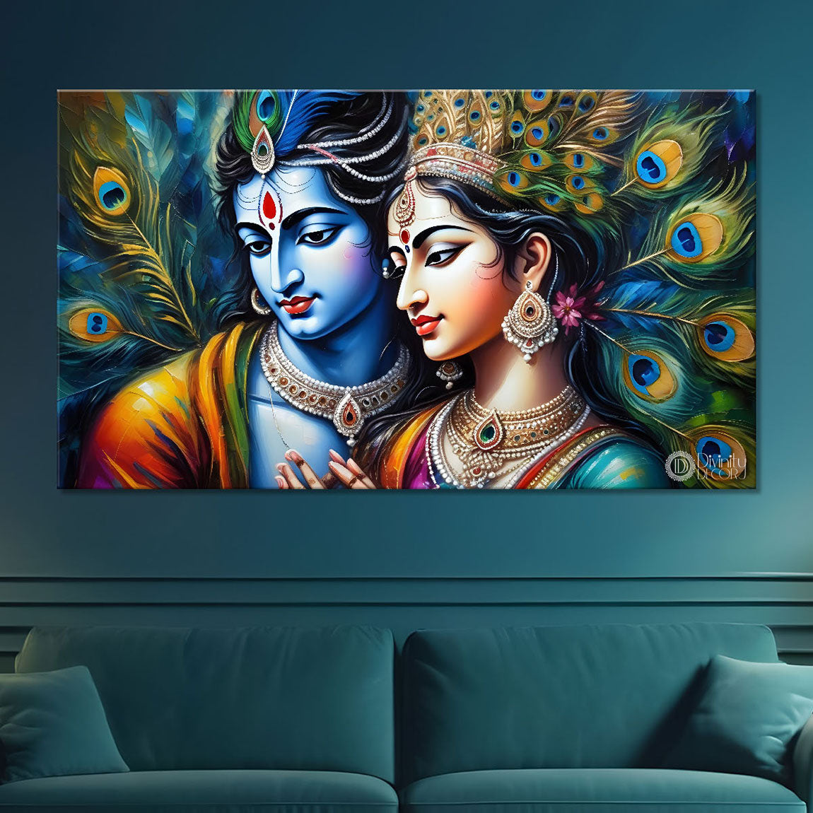 Blue face of Krishna and Radha with peacock feather background painting Canvas Painting - Design - Krishna-148