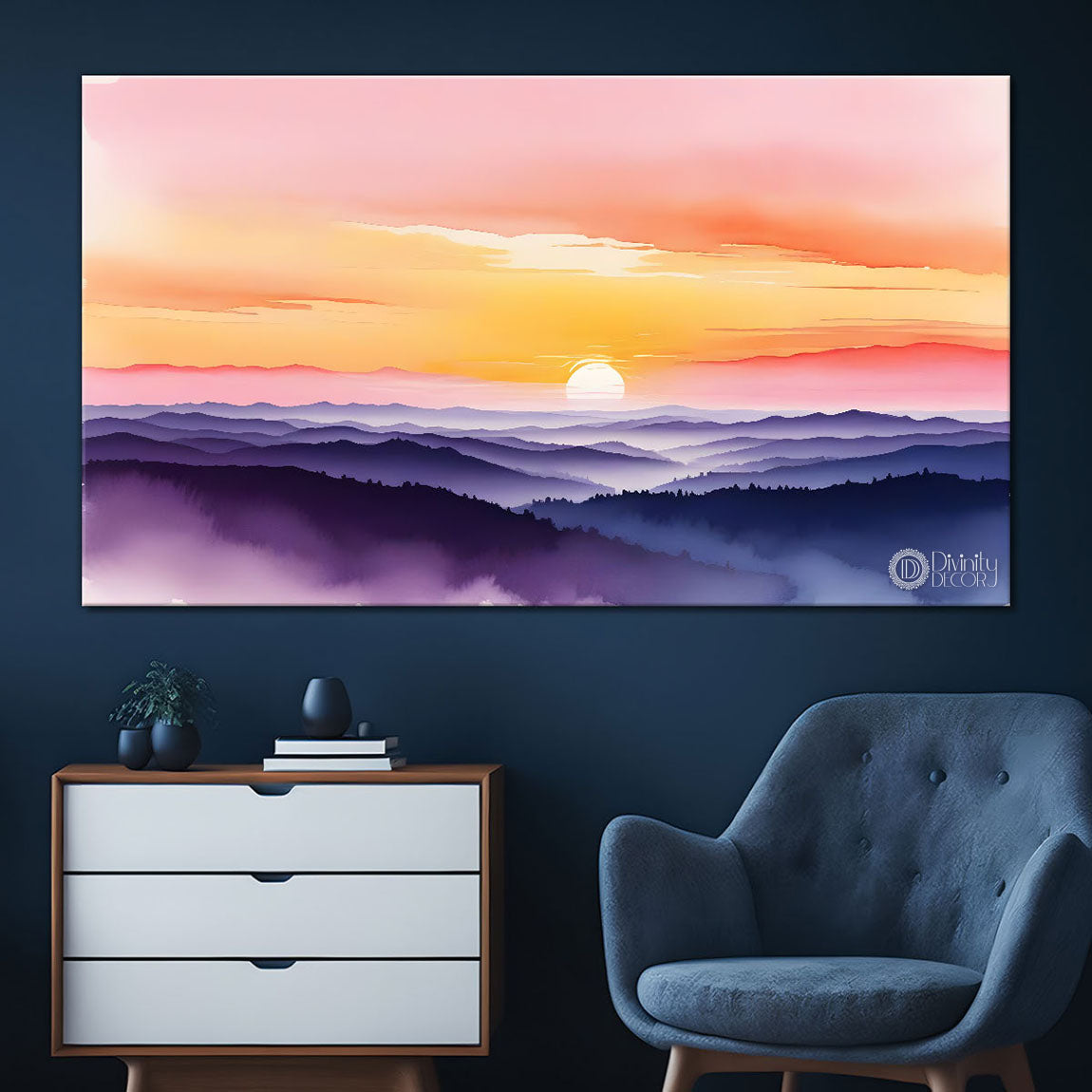 Mountains and sunset in textured water color painting Canvas Painting - Nature Art -148