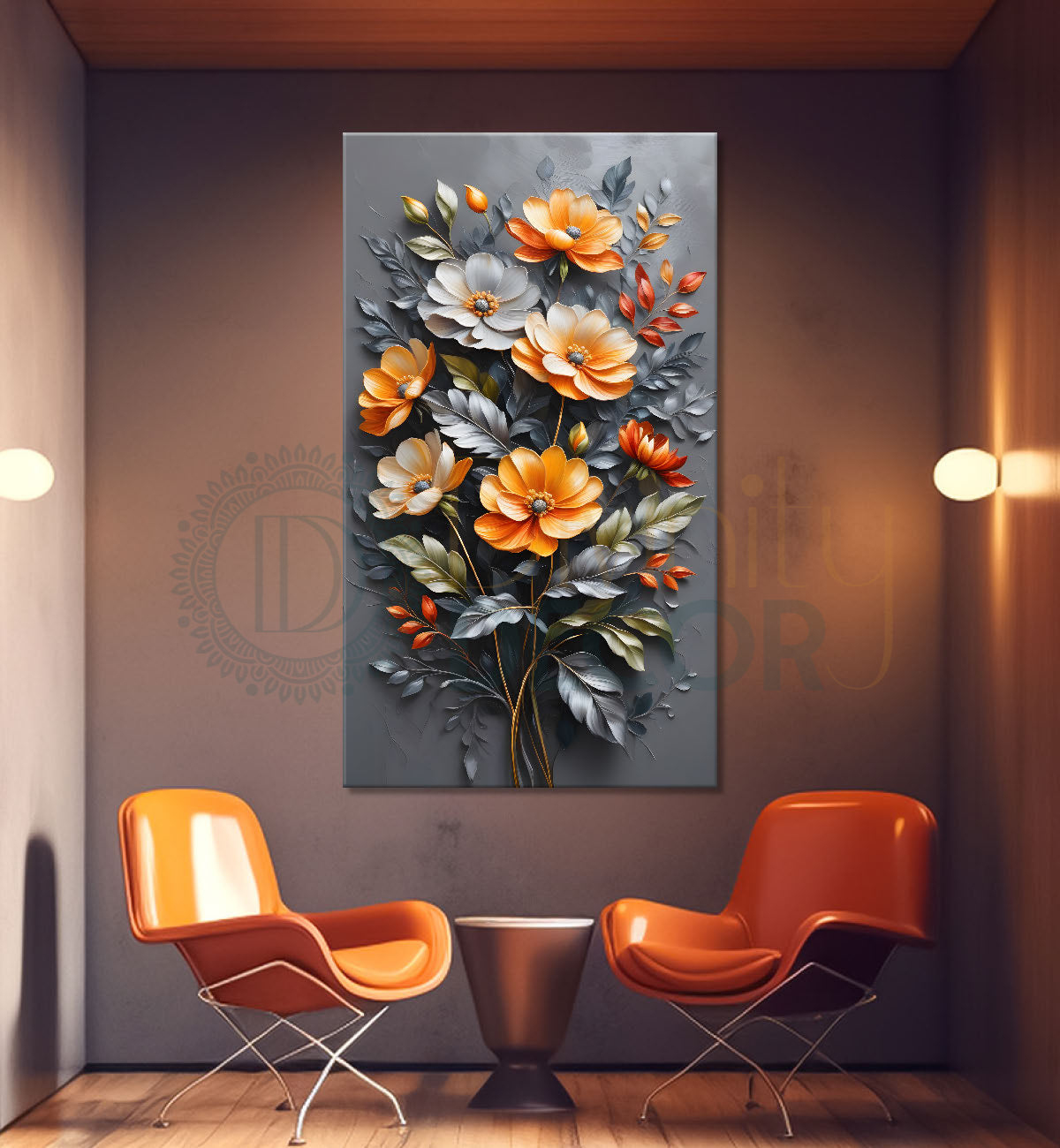 Orange and white flowers in grey textured painting- Flower-V-148