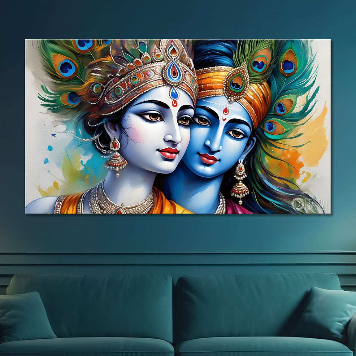 Blue face of Krishna and Radha with light color background painting Canvas Painting - Design - Krishna-149
