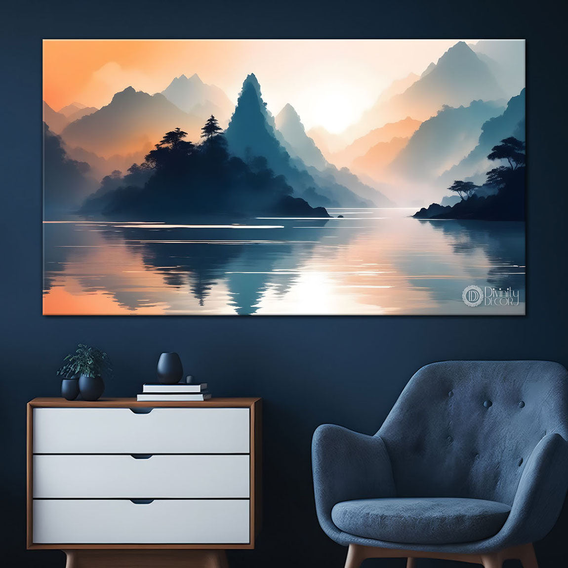 Mountains with river in sunrise in textured water color painting Canvas Painting - Nature Art -149