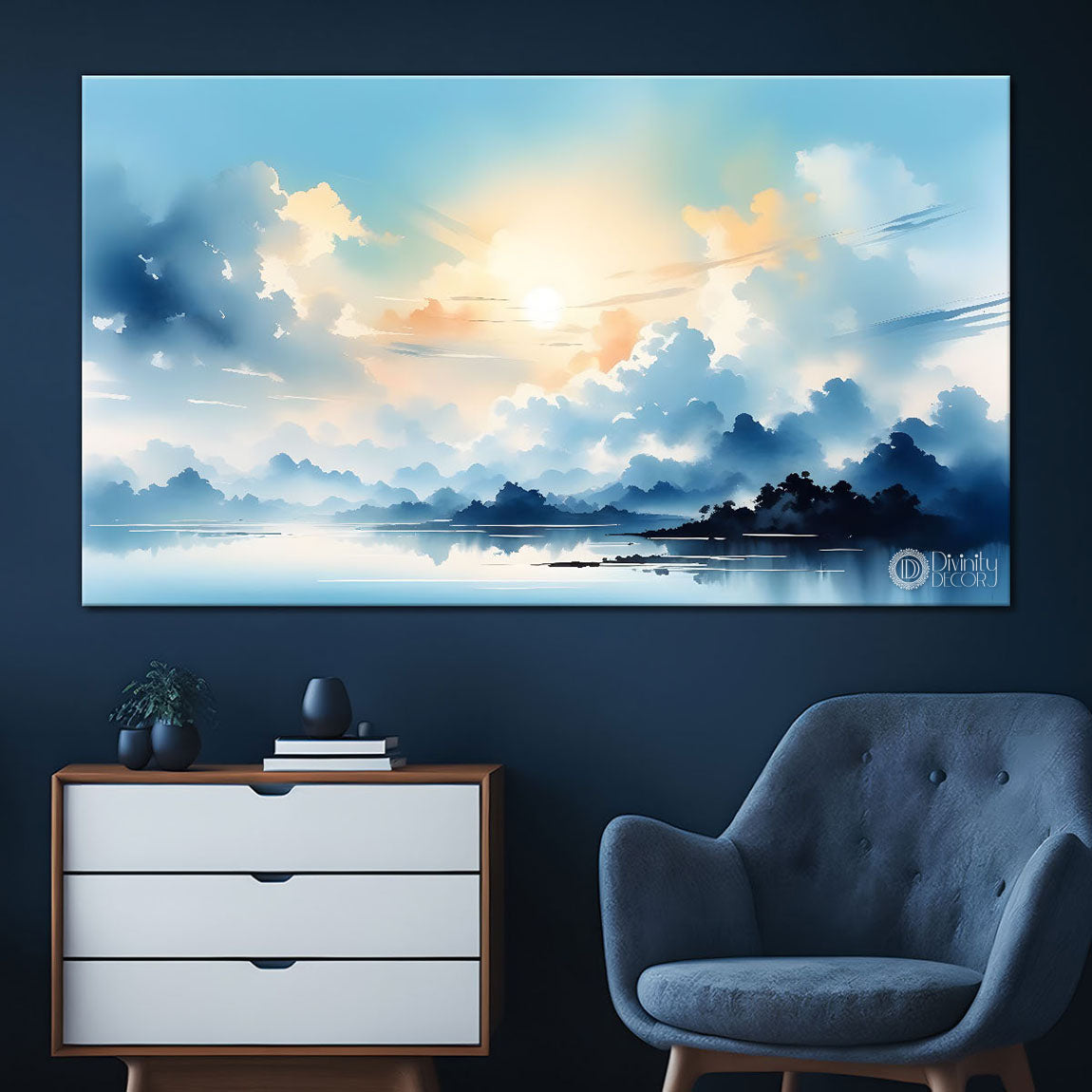 Mountains with clouds and river in textured water color art Canvas Painting - Nature Art -150