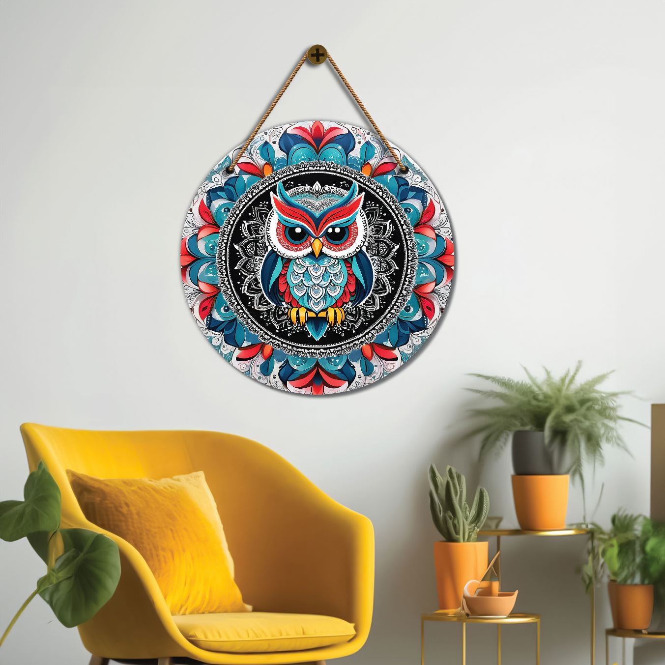 Owl in blue and pink mandala Round Wooden Wall Hanging for wall Décor - Design - 150