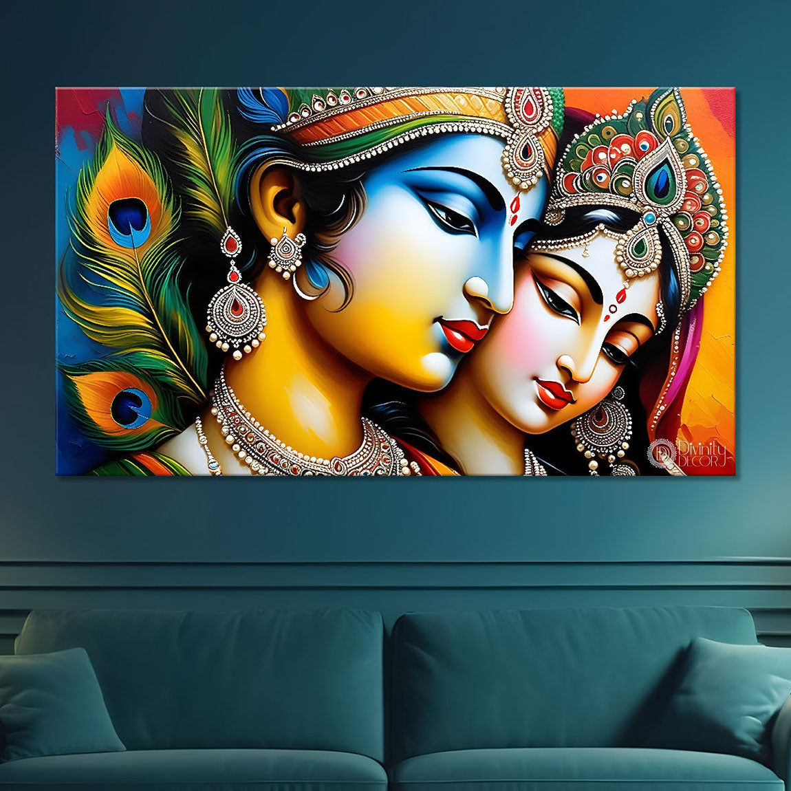Blue face of Krishna and Radha with yellow and peacock feather background painting Canvas Painting - Design - Krishna-151