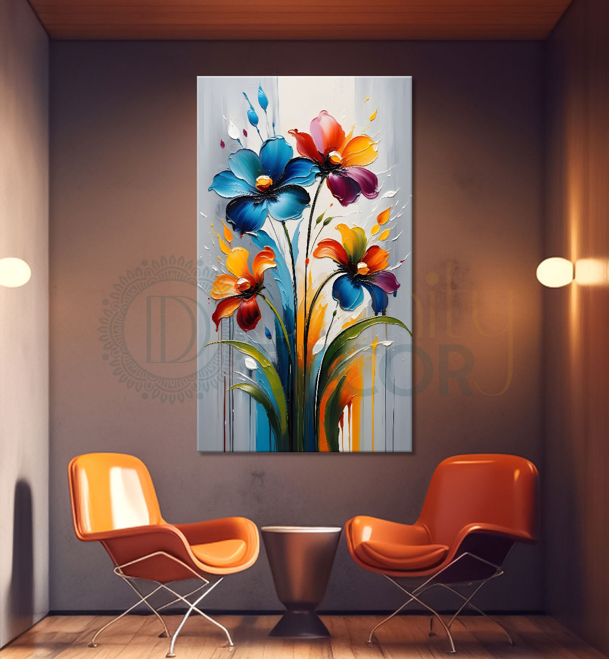 Colourful flowers in grey textured background painting- Flower-V-151