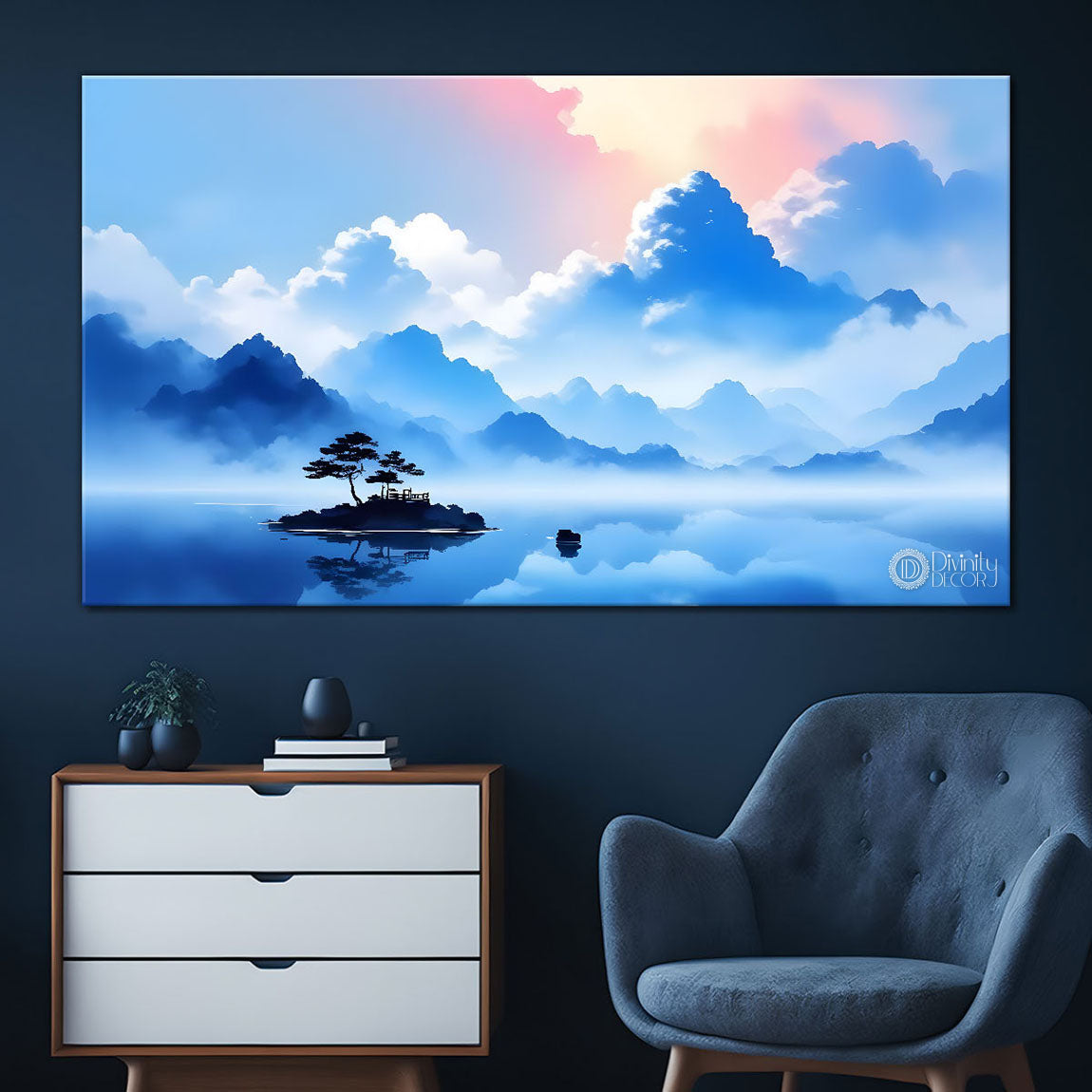 Mountains with river and clouds textured water color art Canvas Painting - Nature Art -151