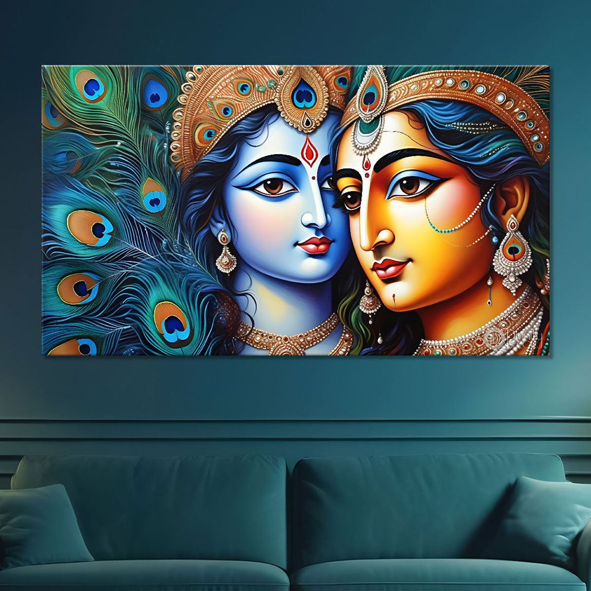 Blue face of Krishna and Radha with peacock feather background painting Canvas Painting - Design - Krishna-152