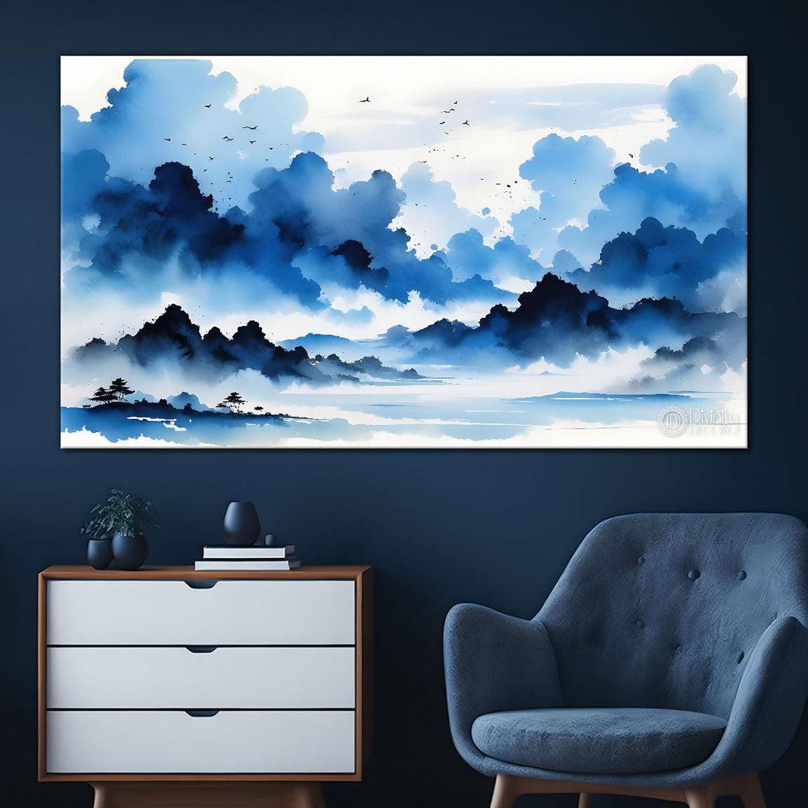 Mountains with river and clouds textured water color art Canvas Painting - Nature Art -152