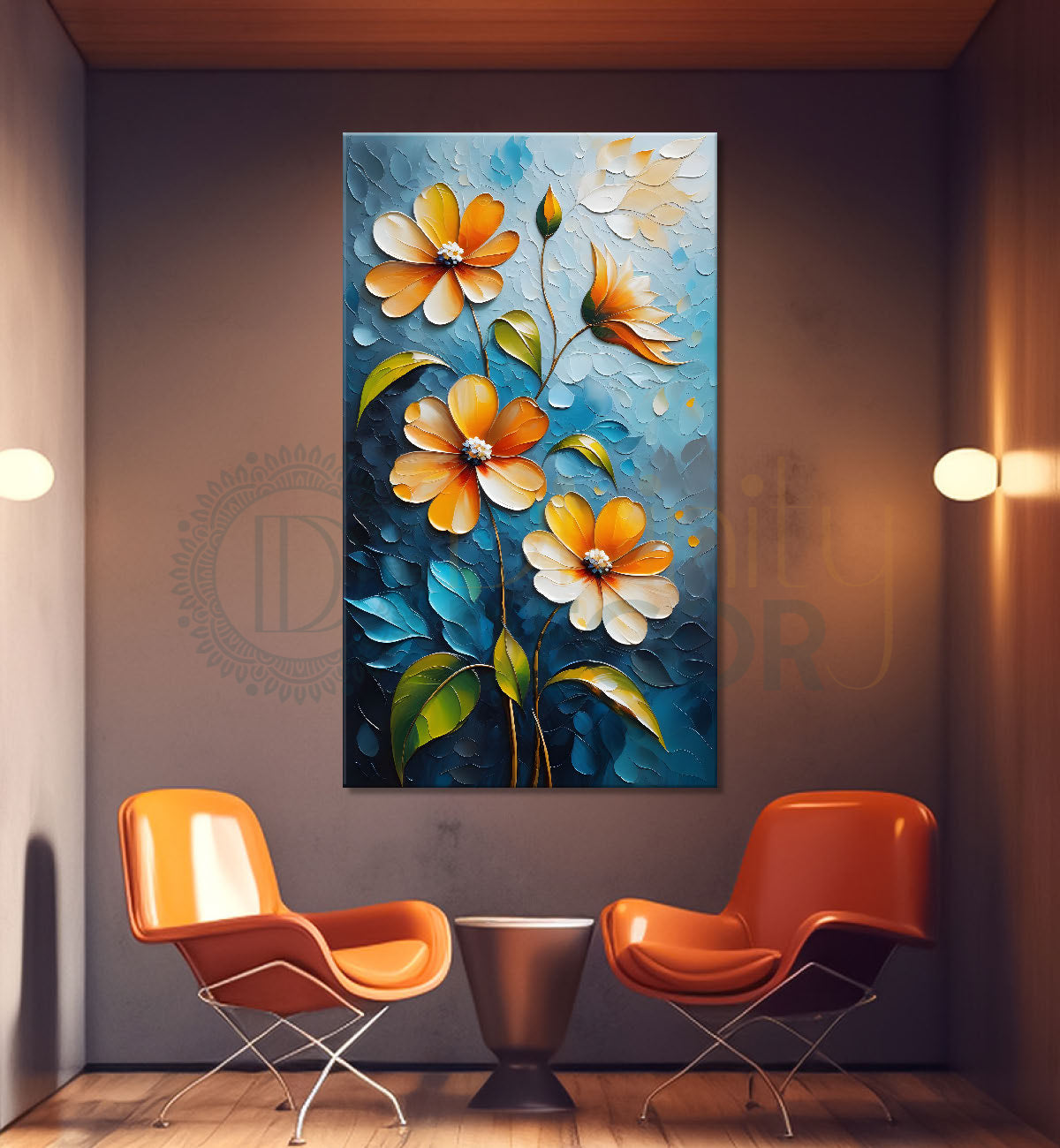 Yellow flowers in sky blue textured background painting- Flower-V-152