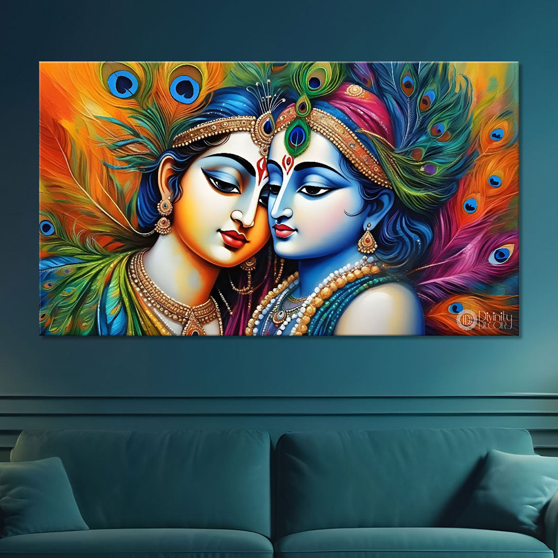 Blue face of Krishna and Radha with yellow and peacock feather background painting Canvas Painting - Design - Krishna-153