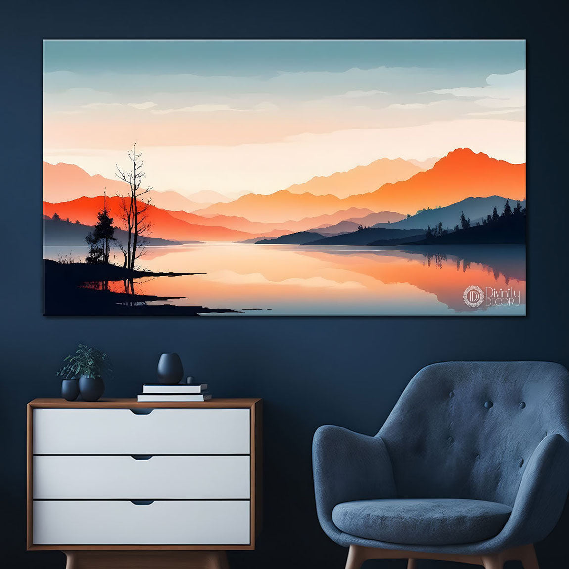 Mountains with orange shine in textured water color art Canvas Painting - Nature Art -153