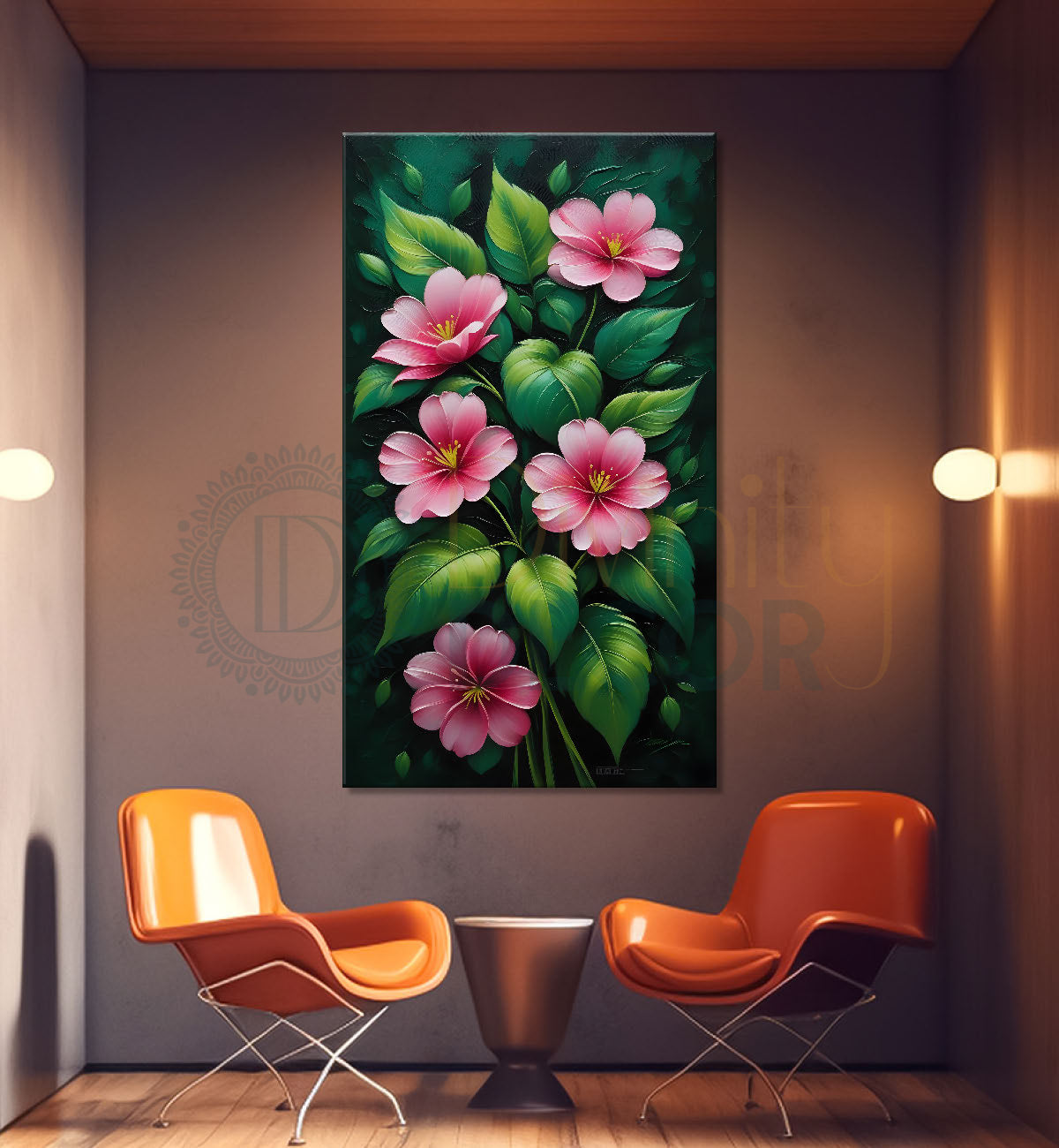 Pink flowers in green textured background painting- Flower-V-153