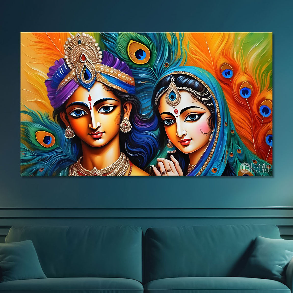 Krishna and Radha with yellow and peacock feather background painting Canvas Painting - Design - Krishna-154