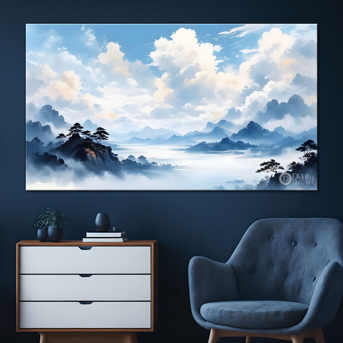 Mountains with river and clouds textured water color art Canvas Painting - Nature Art -154