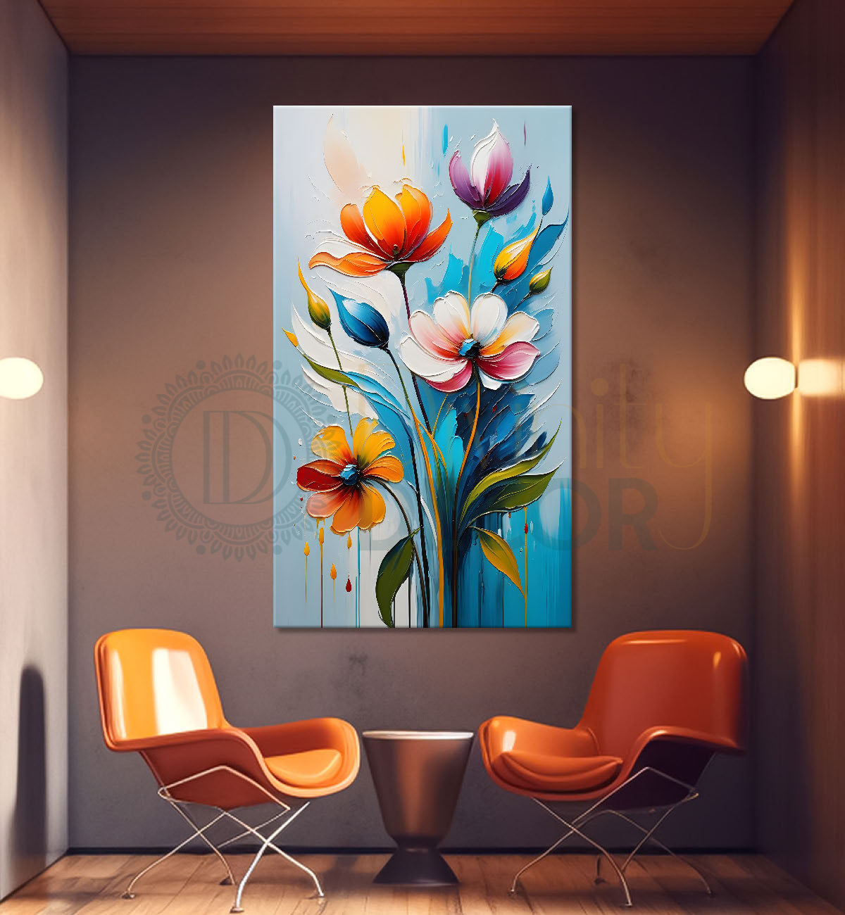 Orange flowers in sky blue textured background painting- Flower-V-154