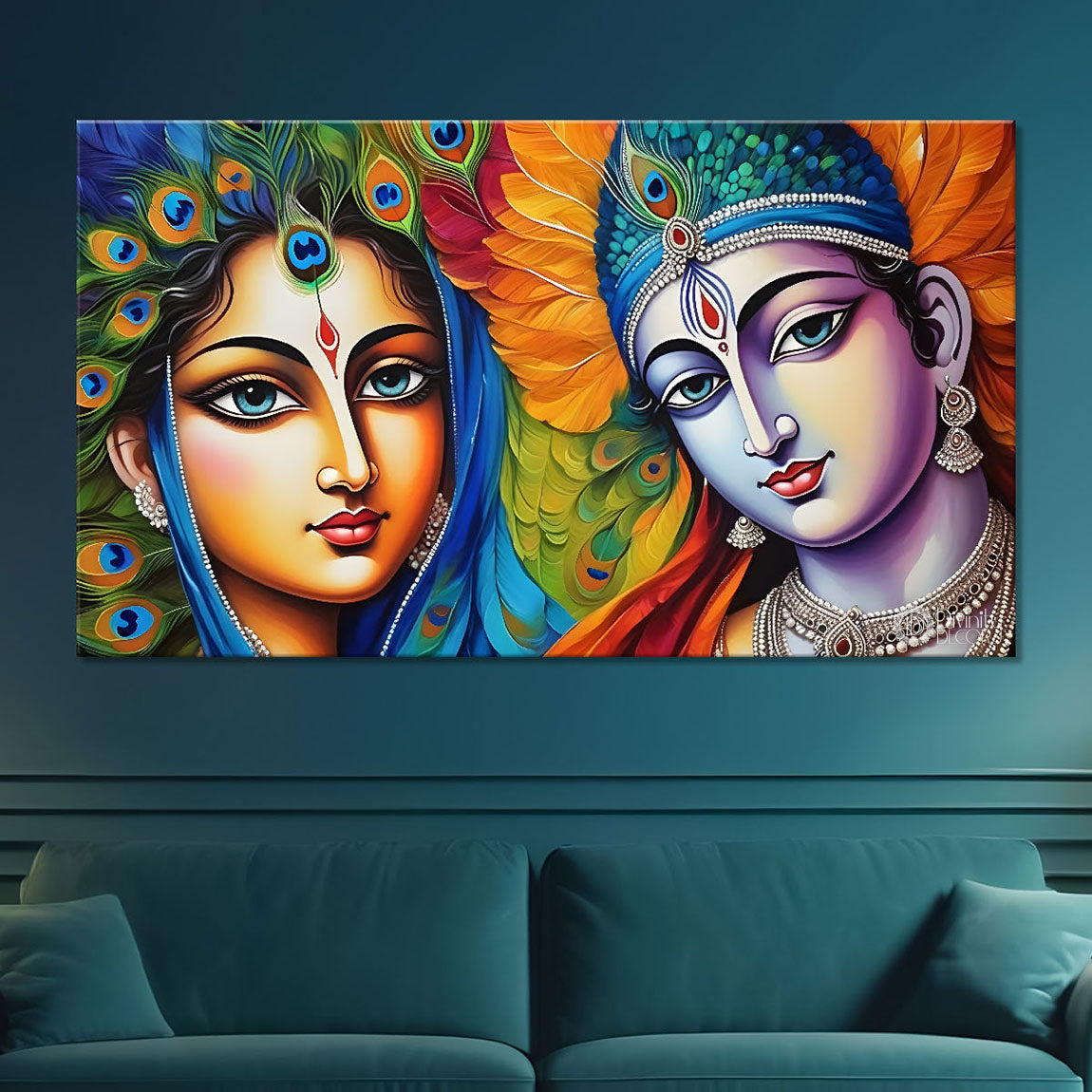 Blue face of Krishna and Radha with yellow and peacock feather background painting Canvas Painting - Design - Krishna-155