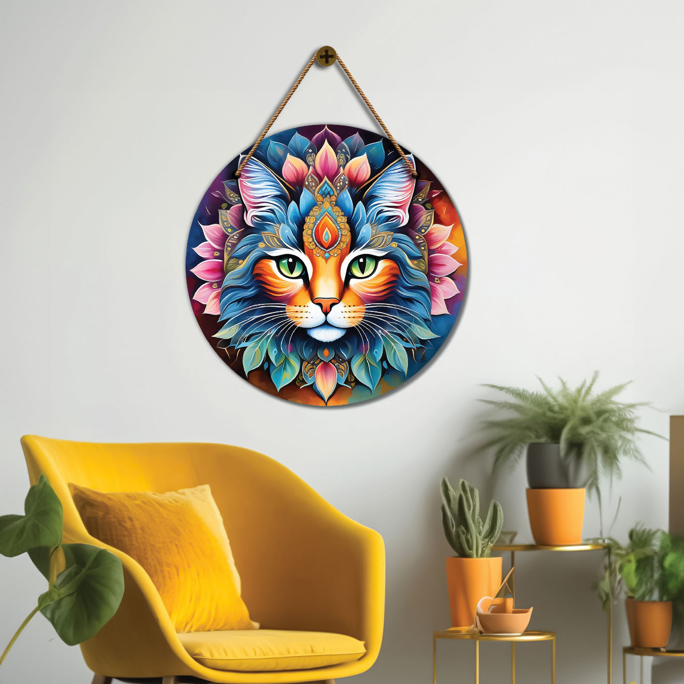 Cat in green and pink mandala Round Wooden Wall Hanging for wall Décor - Design - 155