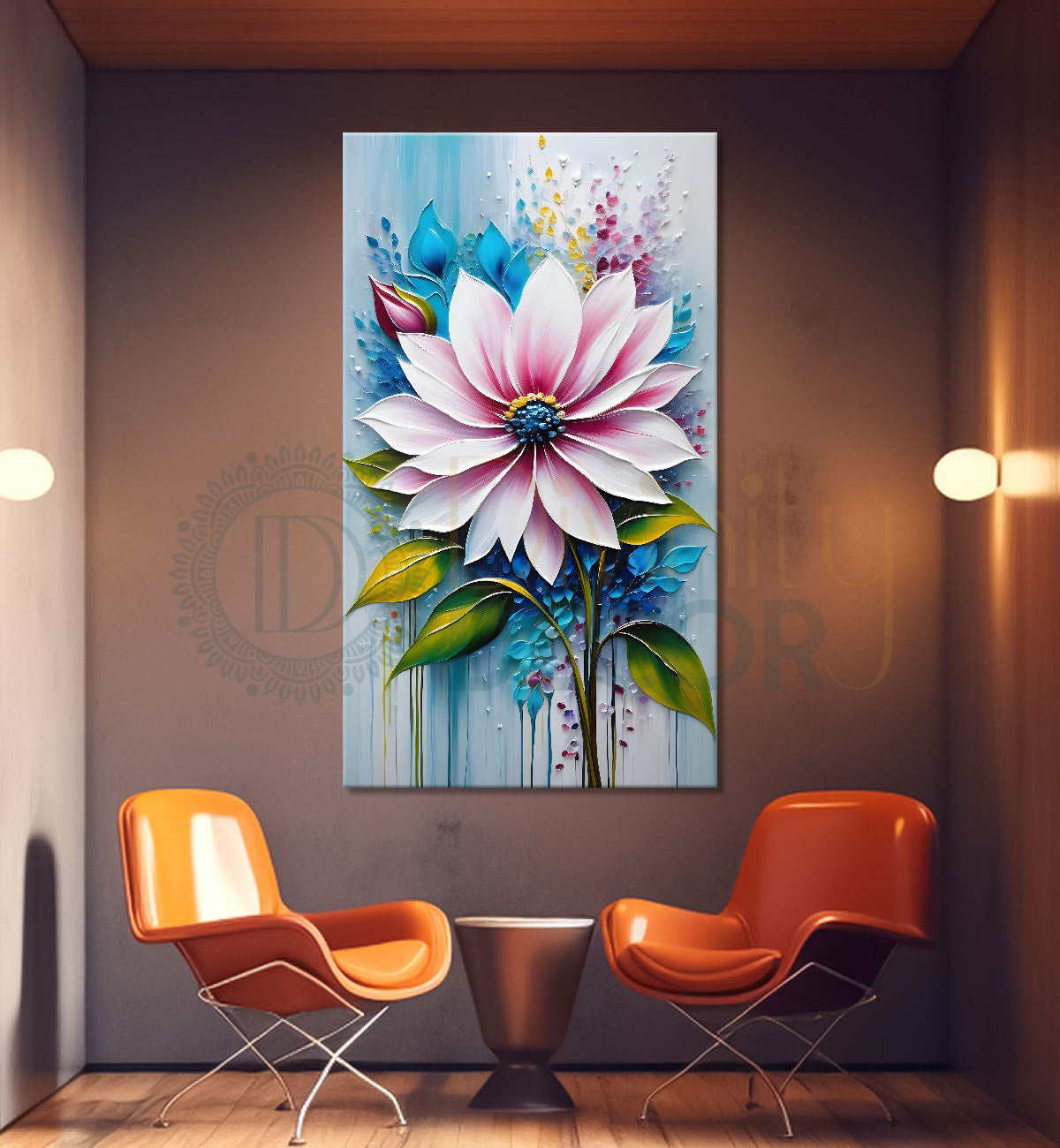 Pink flower in sky blue textured painting- Flower-V-155