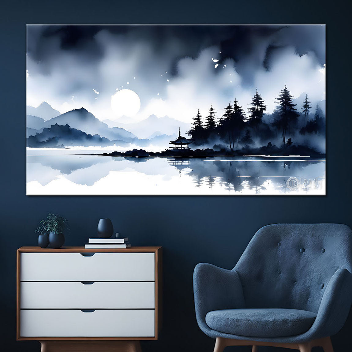 Mountains with river and clouds textured water color art Canvas Painting - Nature Art -155