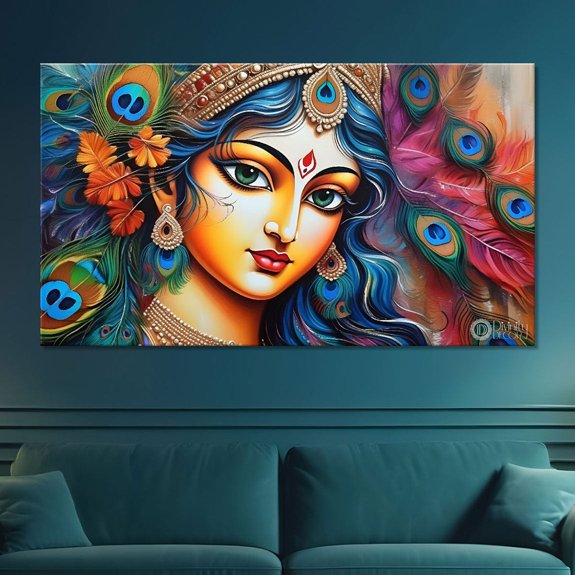 Radha with peacock feather background painting Canvas Painting - Design - Krishna-156