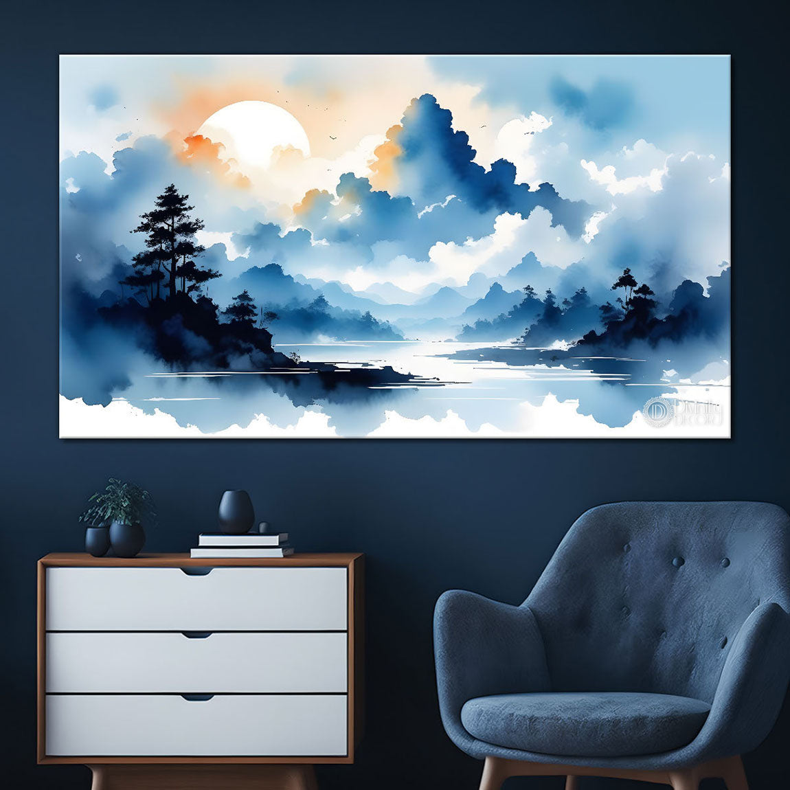 Mountains with river and clouds textured water color art Canvas Painting - Nature Art -156