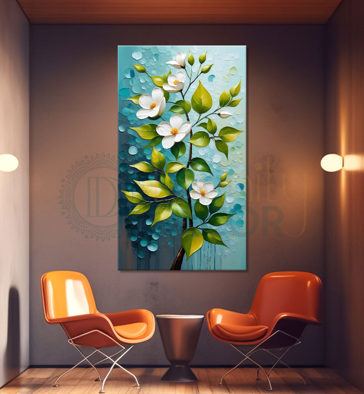 White flowers in sky blue textured background painting- Flower-V-156