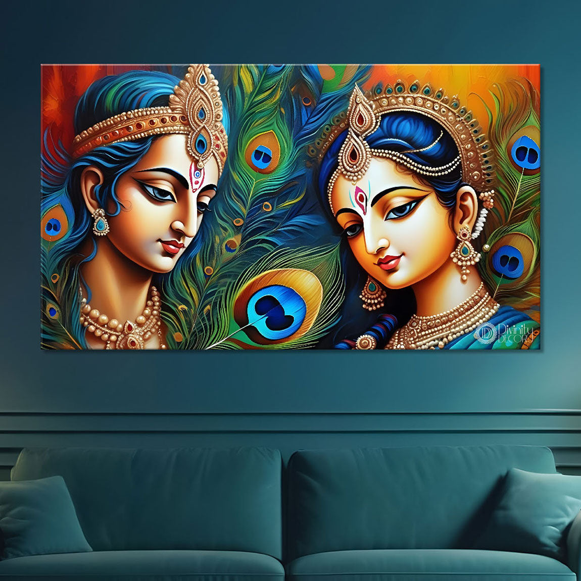 Krishna and Radha with yellow and peacock feather background painting Canvas Painting - Design - Krishna-157