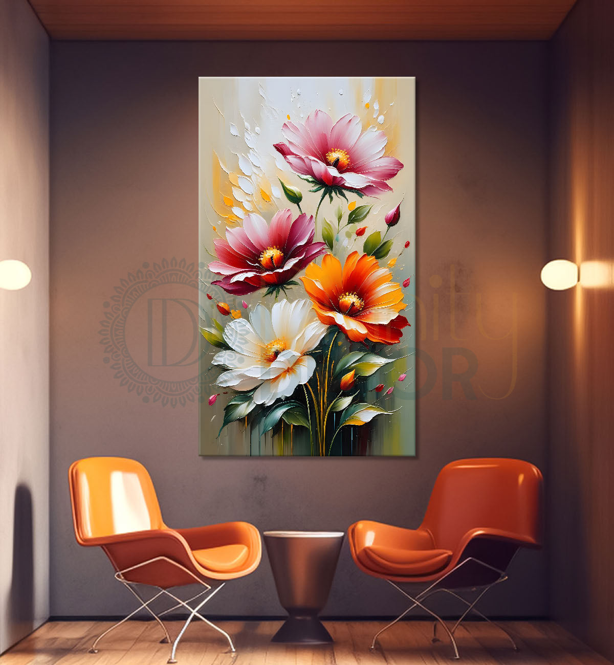 Colourful flowers in light brown textured painting- Flower-V-157