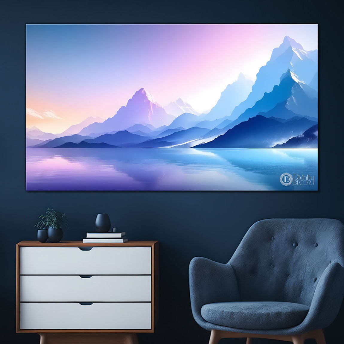 Mountains with river in purple and blue textured water color art Canvas Painting - Nature Art -157