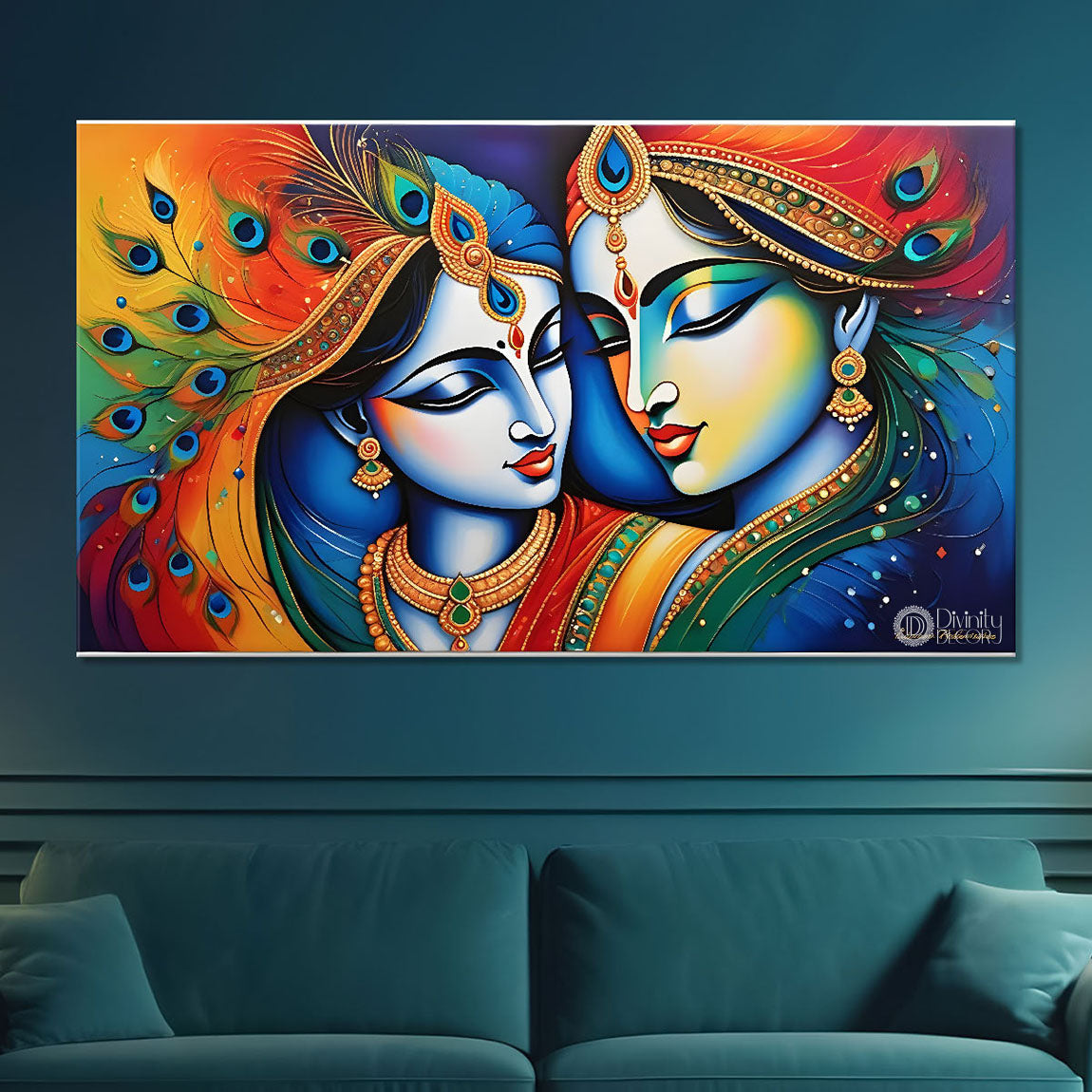 Blue face of Krishna and Radha with orange and peacock feather background painting Canvas Painting - Design - Krishna-158