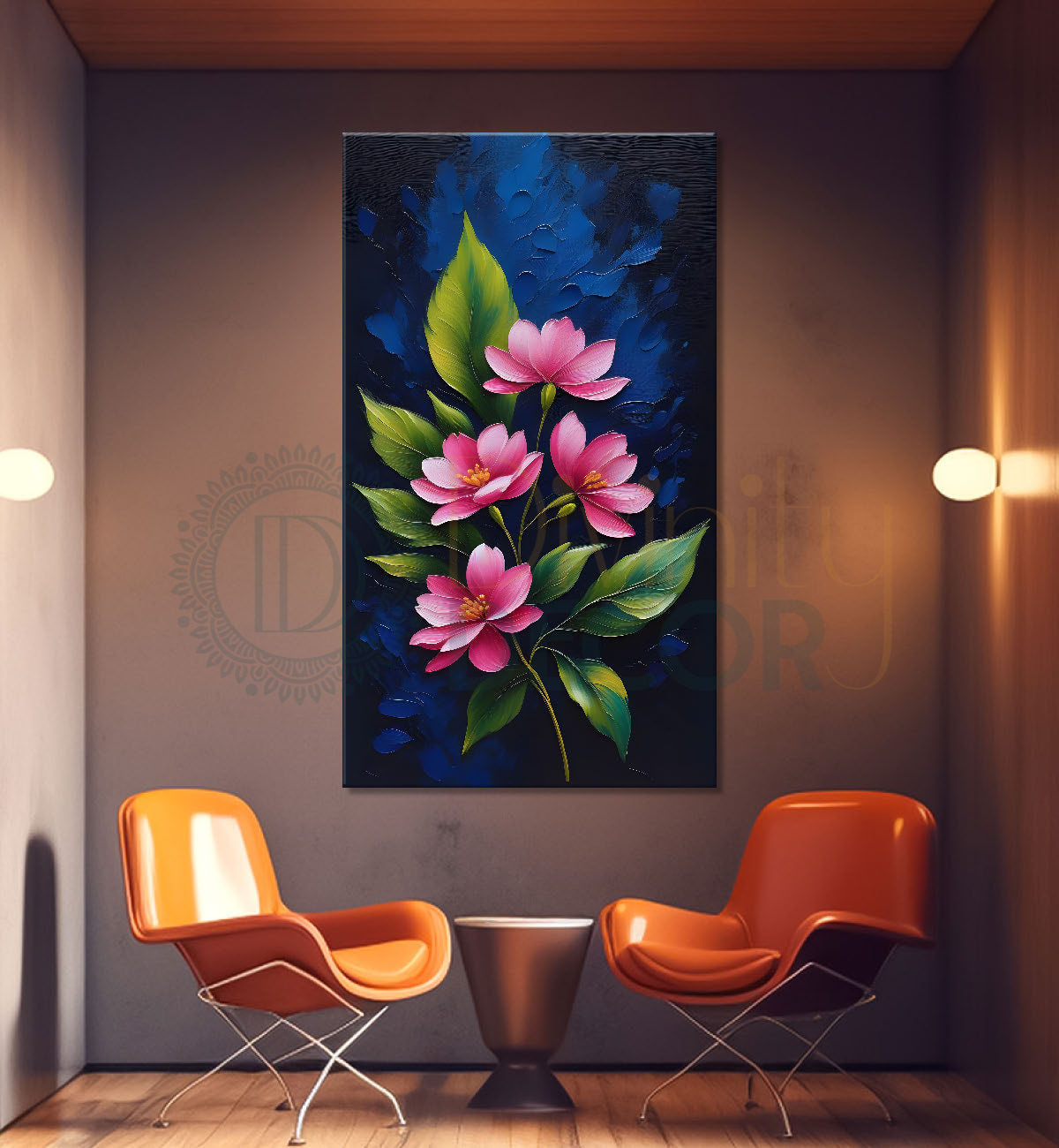 Pink flowers in navy blue textured background painting- Flower-V-158