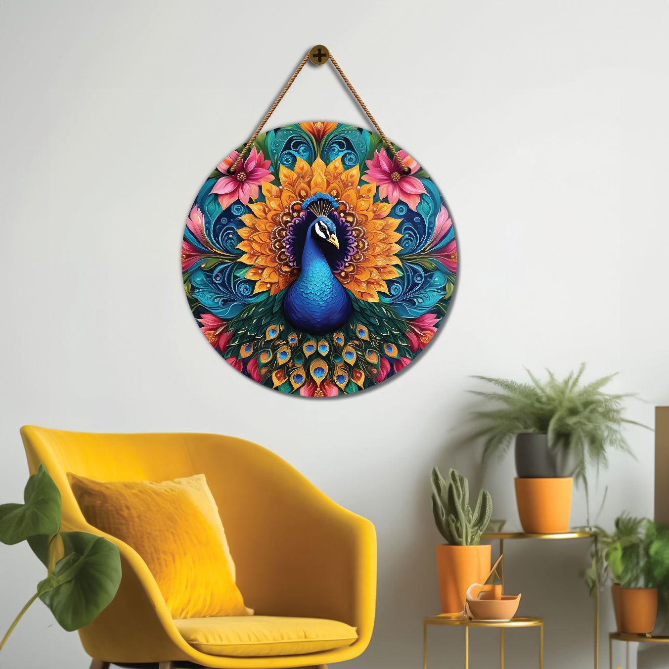 Peacock in green and floral mandala Round Wooden Wall Hanging for wall Décor - Design - 158
