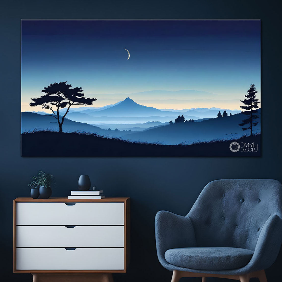 Mountains with trees in textured water color painting Canvas Painting - Nature Art -158