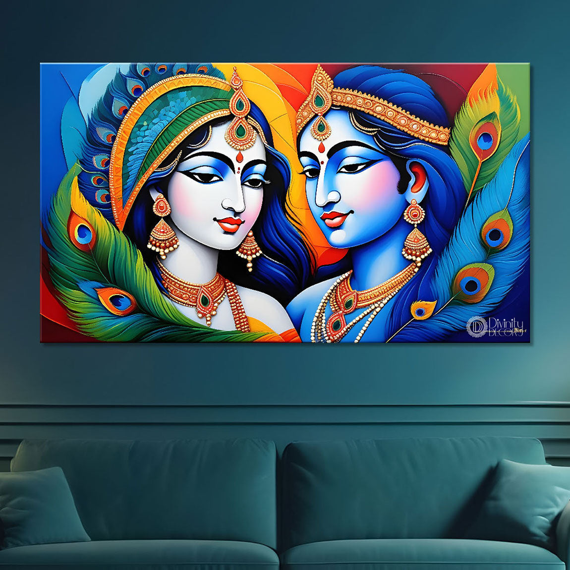 Blue face of Krishna and Radha with orange and peacock feather background painting Canvas Painting - Design - Krishna-159