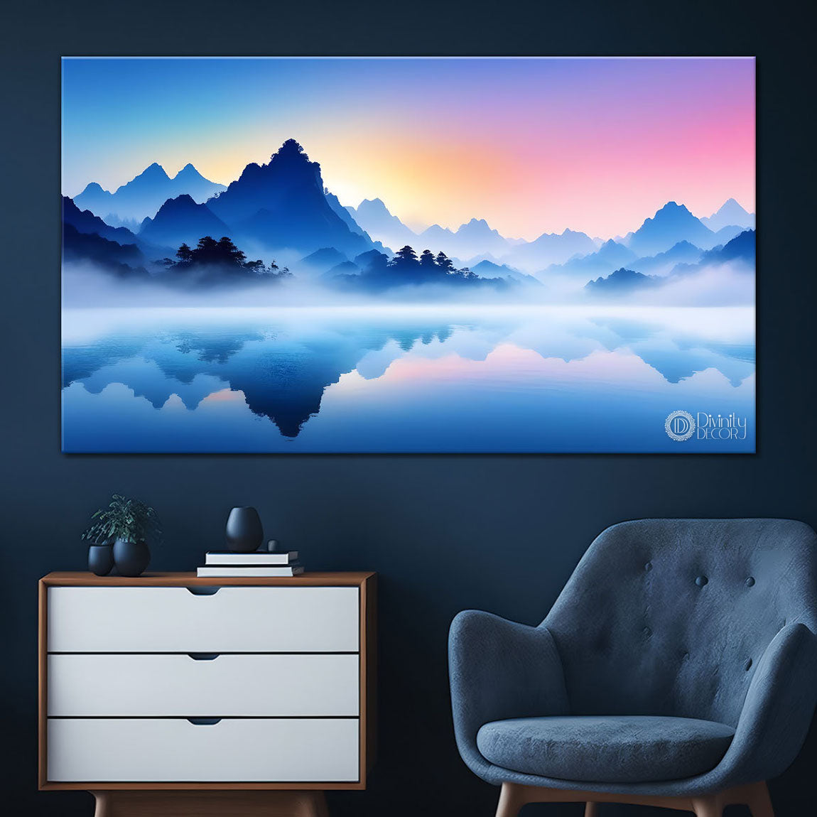 Mountains with river and clouds textured water color art Canvas Painting - Nature Art -159