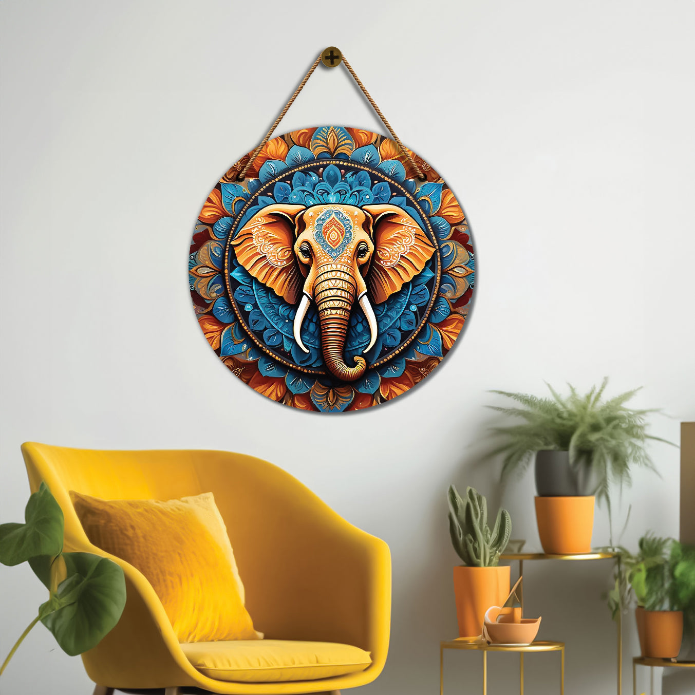 Elephant in blue and orange mandala Round Wooden Wall Hanging for wall Décor - Design - 159