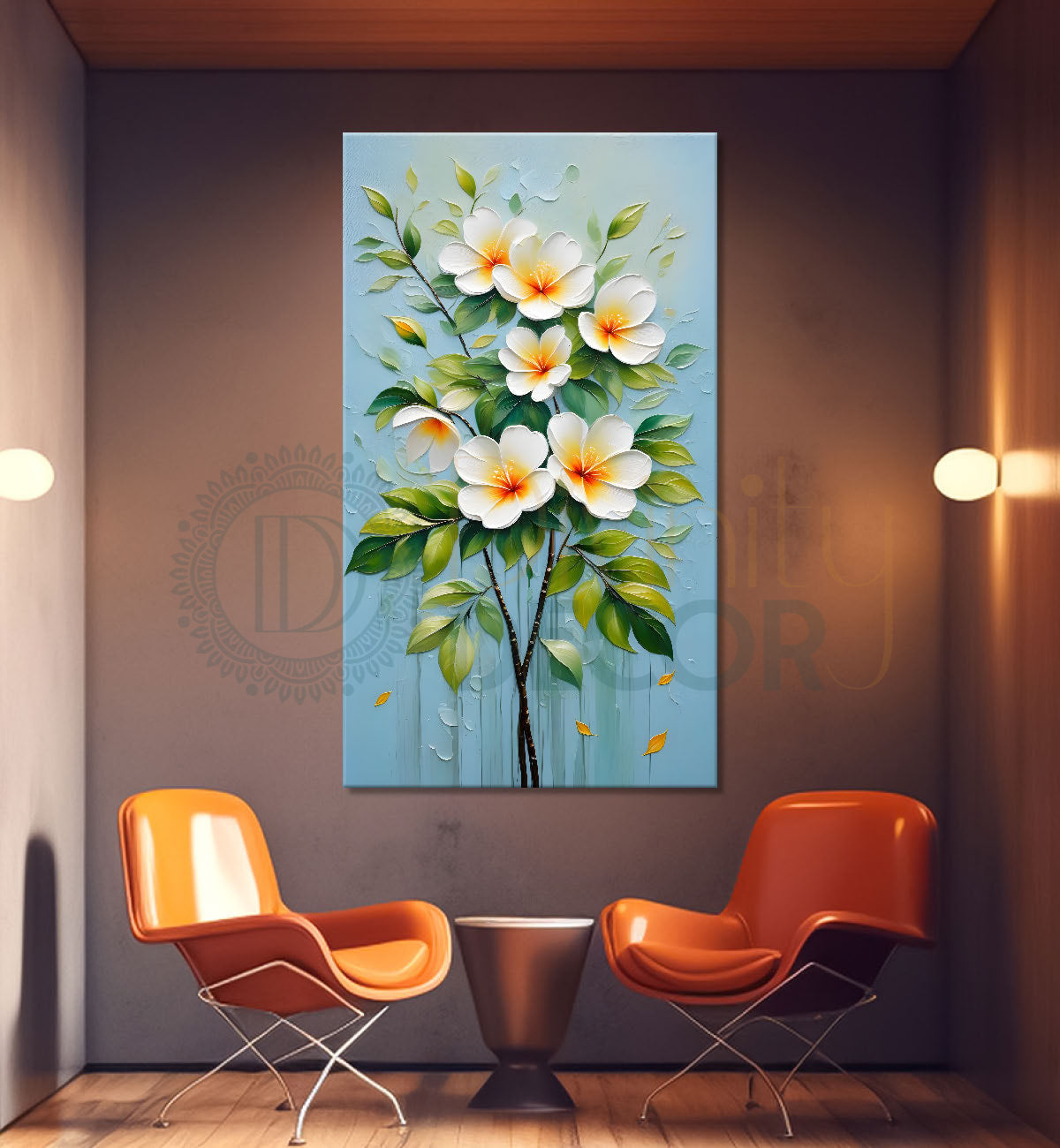 White flowers in blue textured background painting- Flower-V-159