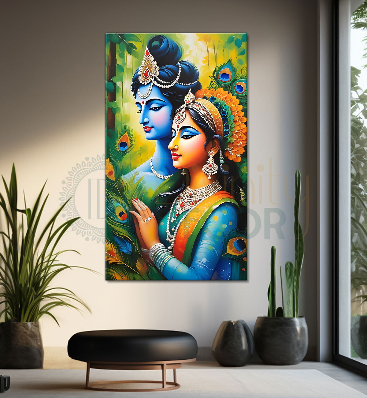 Blue face of krishna with radha in peacock feathers background textured art Canvas Painting - Design - Krishna-V-15