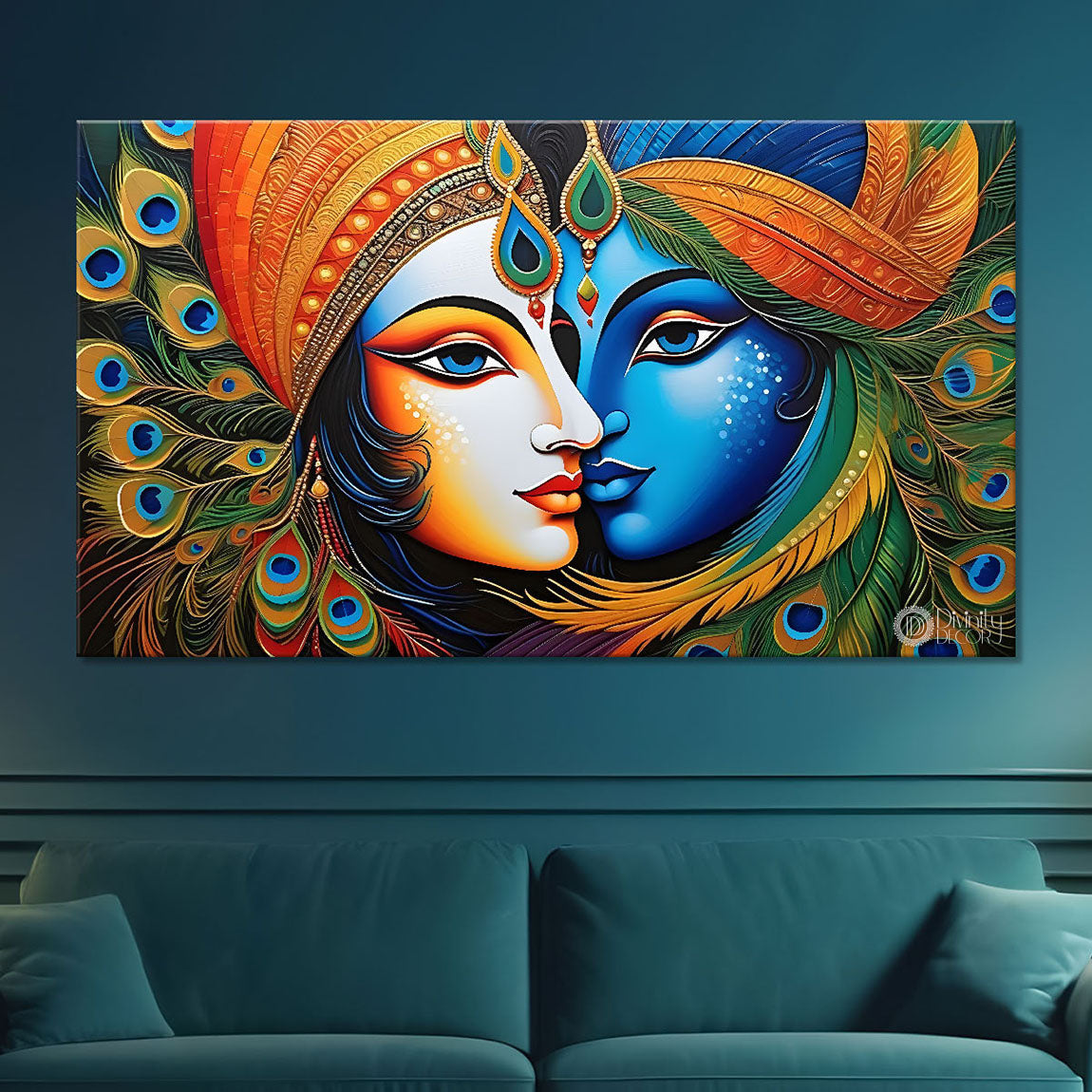 Blue face of Krishna and Radha with orange and peacock feather background painting Canvas Painting - Design - Krishna-160