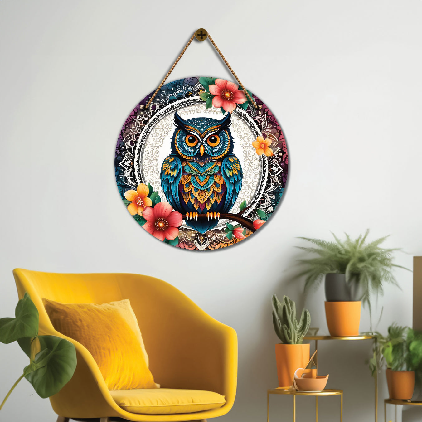 Owl in floral and white mandala Round Wooden Wall Hanging for wall Décor - Design - 160