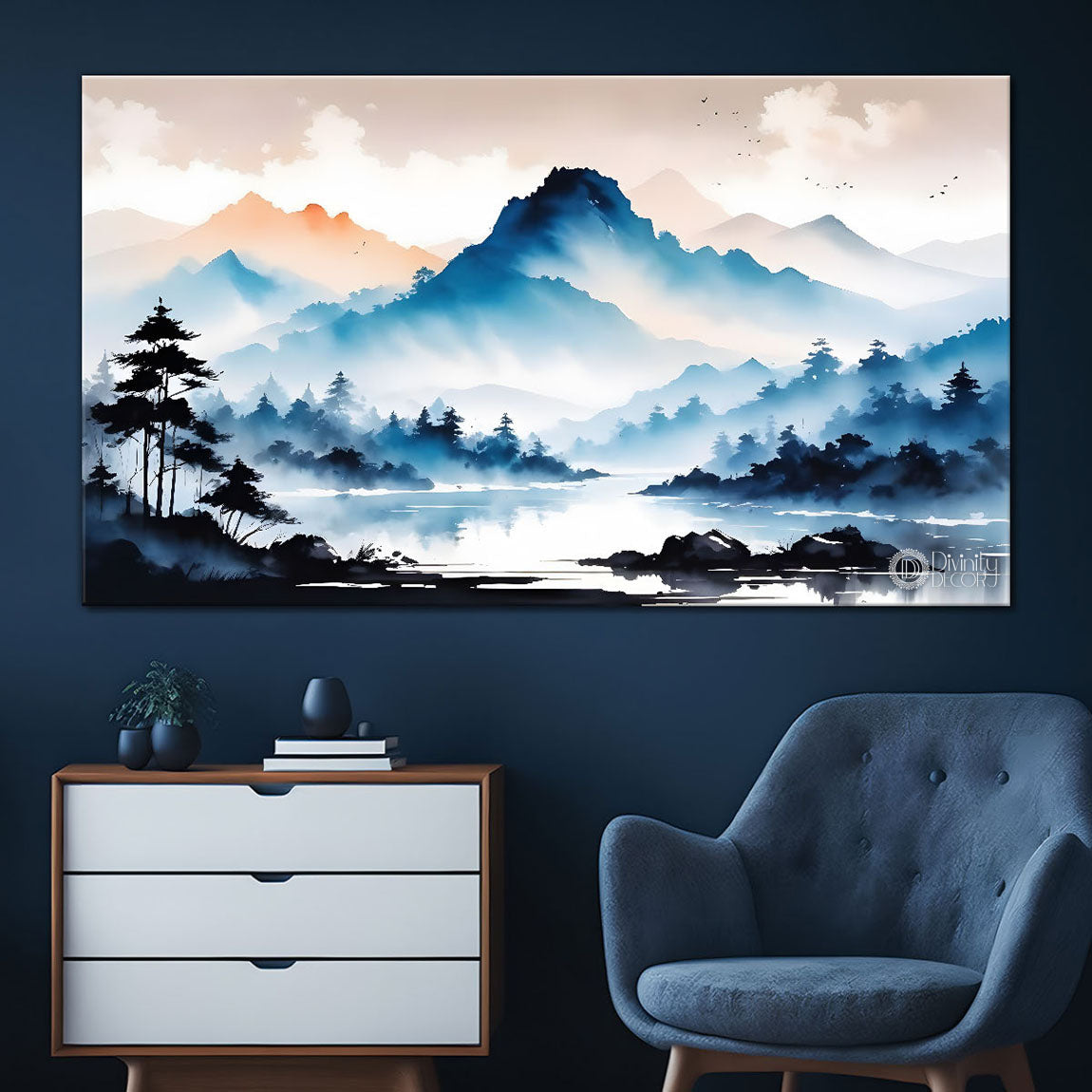 Mountains with river and clouds textured water color art Canvas Painting - Nature Art -160