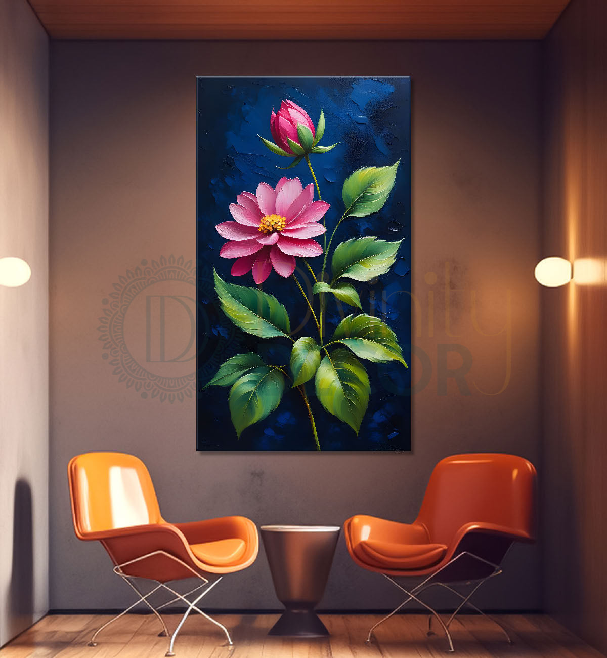 Pink flowers in navy blue textured background painting- Flower-V-160
