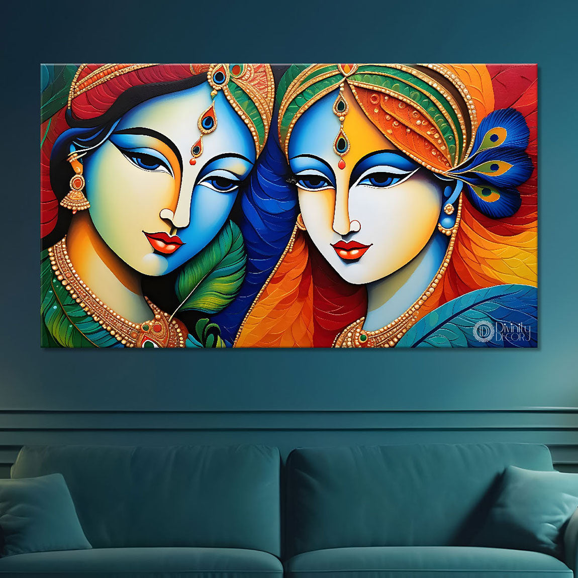 Blue face of Krishna and Radha with orange and peacock feather background painting Canvas Painting - Design - Krishna-161