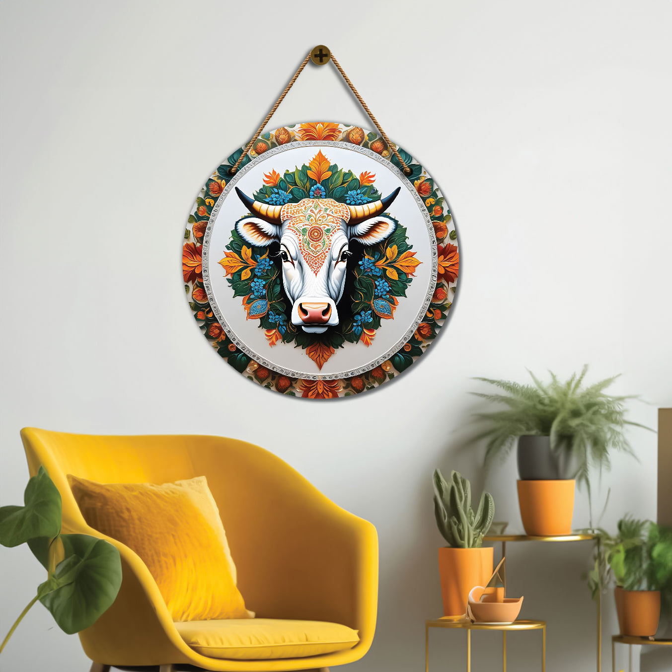 Cow in white and blue mandala Round Wooden Wall Hanging for wall Décor - Design - 161
