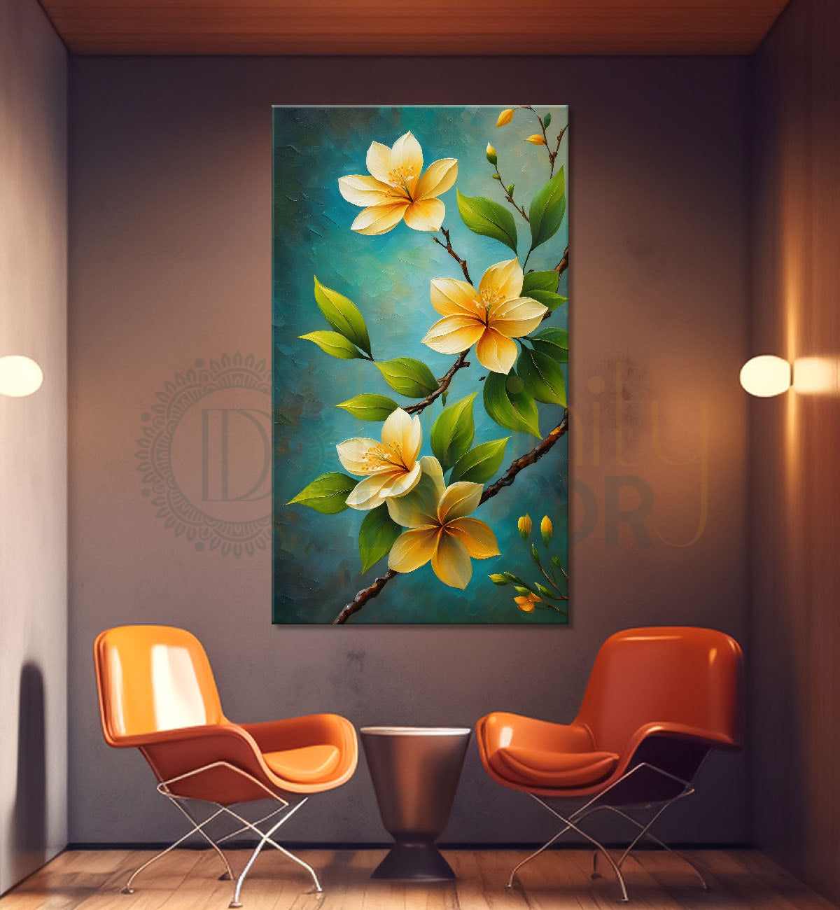 Yellow flowers in green textured background painting- Flower-V-161